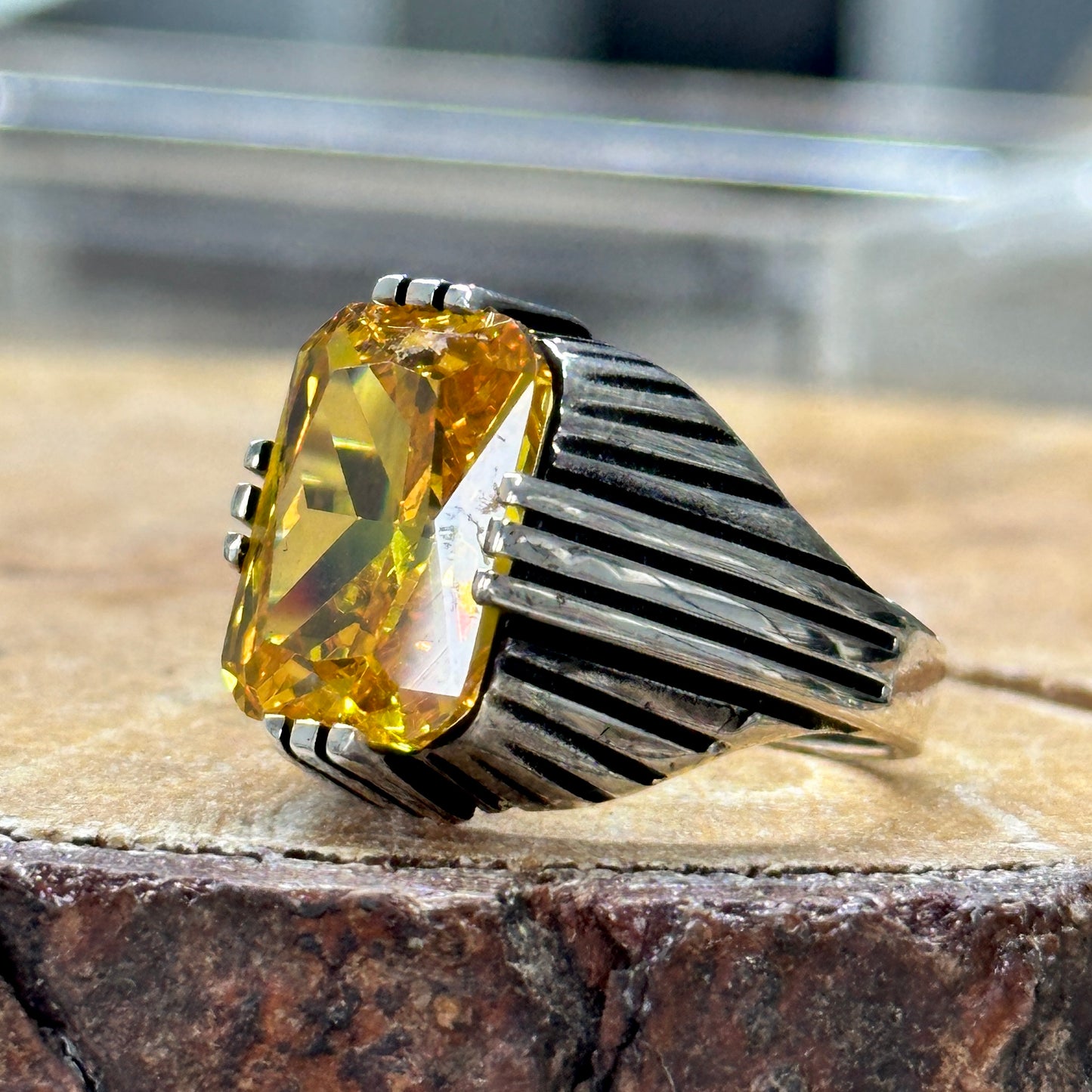Men Handmade Square Yellow Citrine Gemstone Ring