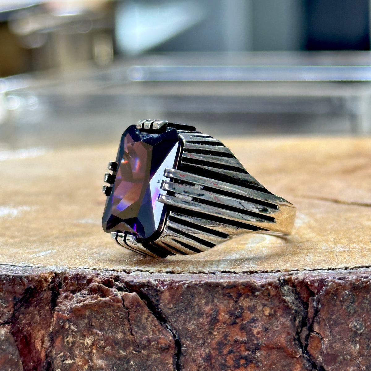 Men Handmade Square Zircon Sapphire Ring