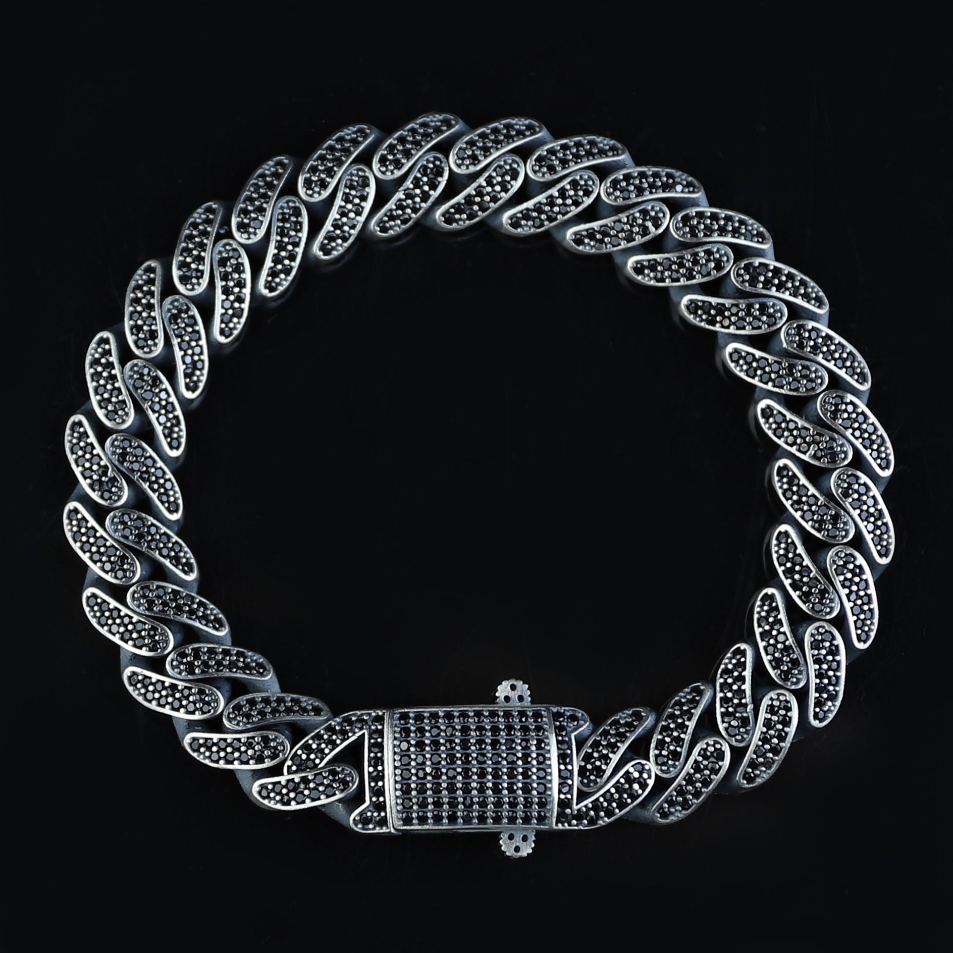 925 Sterling Silver 12mm Black CZ Cuban Chain Bracelet for Men