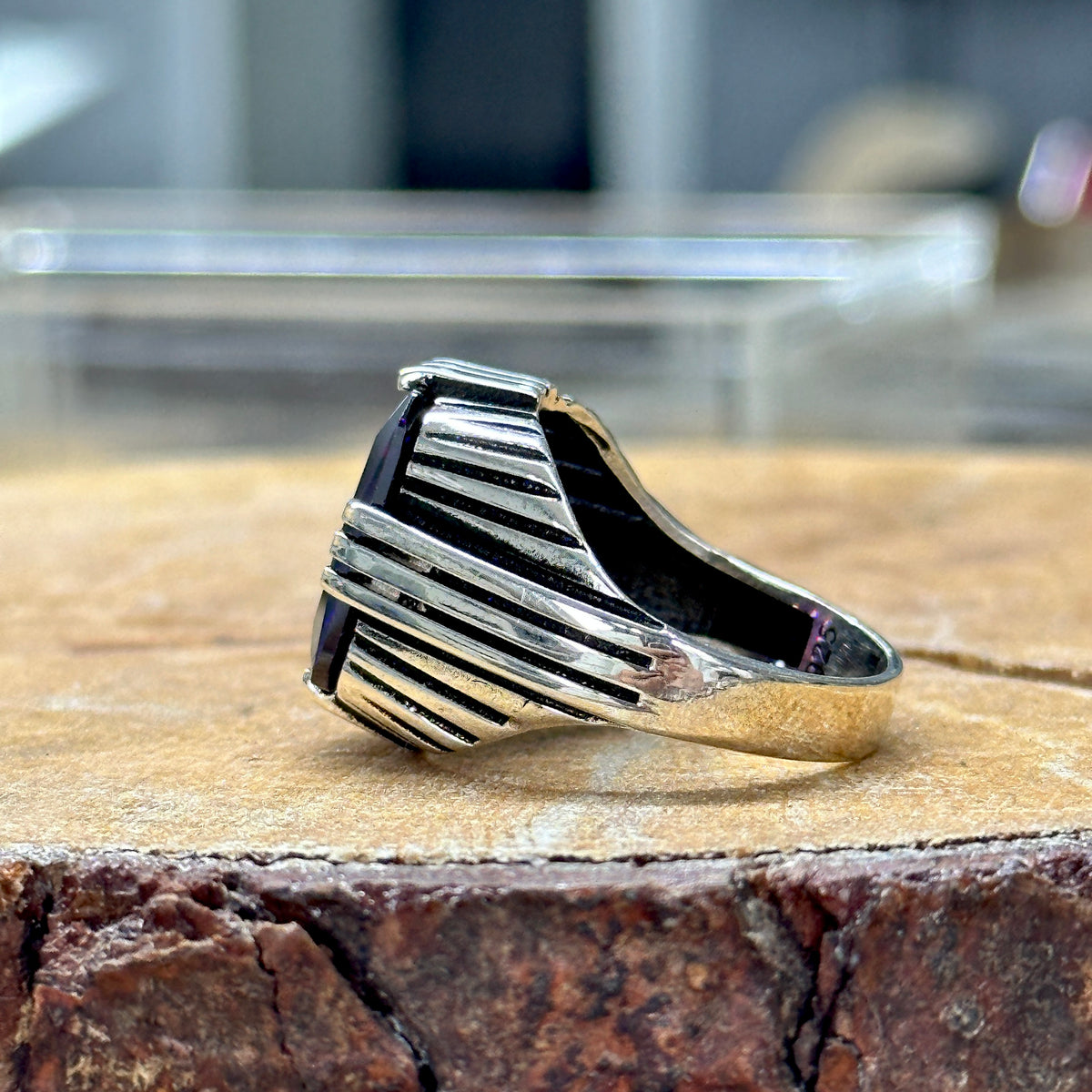 Men Handmade Square Zircon Sapphire Ring