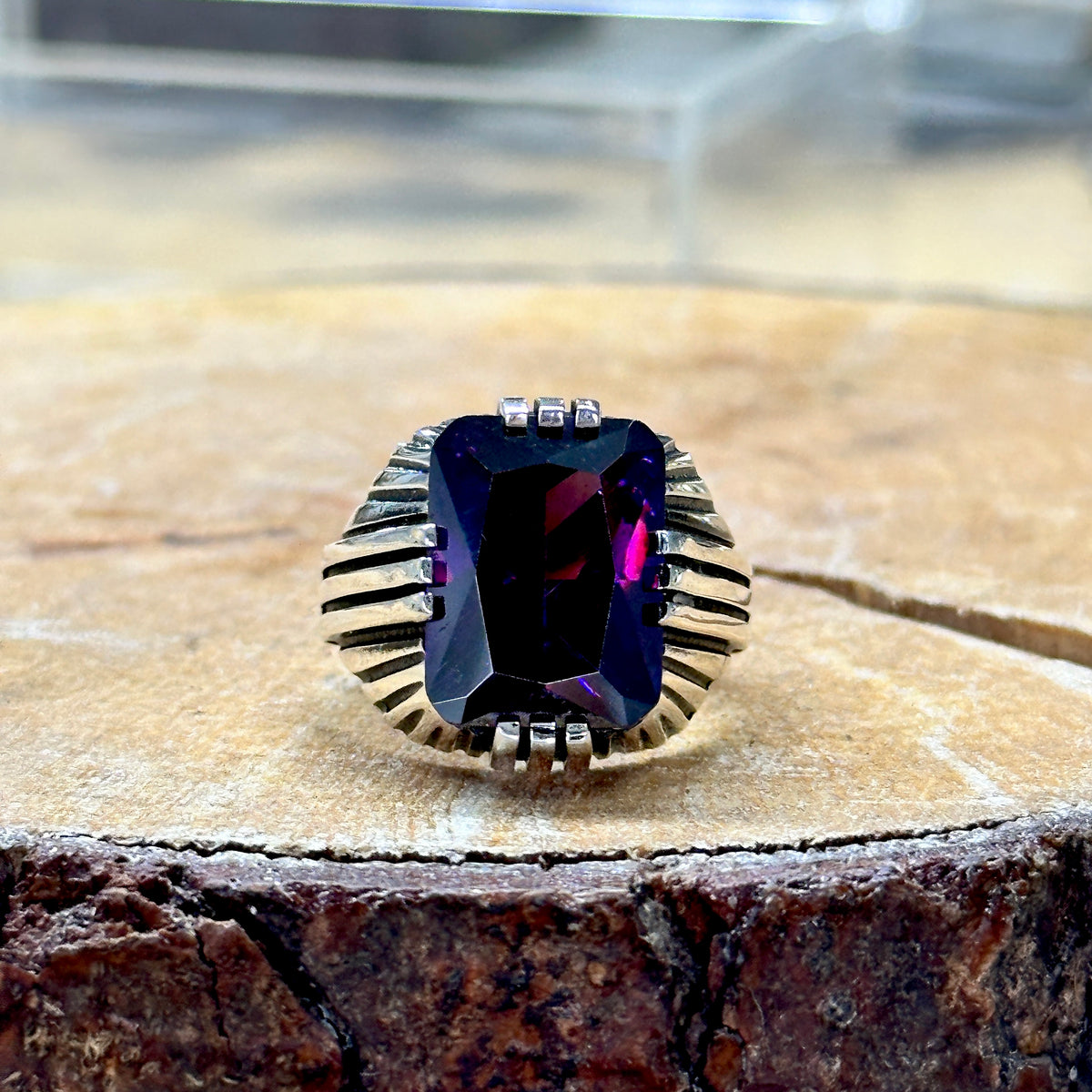 Men Handmade Square Zircon Sapphire Ring