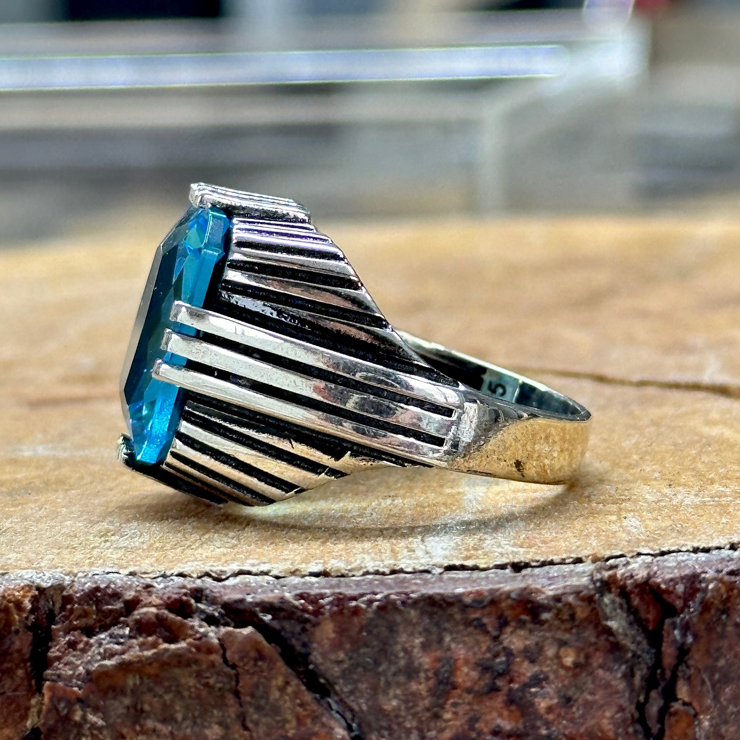Men Handmade Square Aquamarine Gemstone Silver Ring