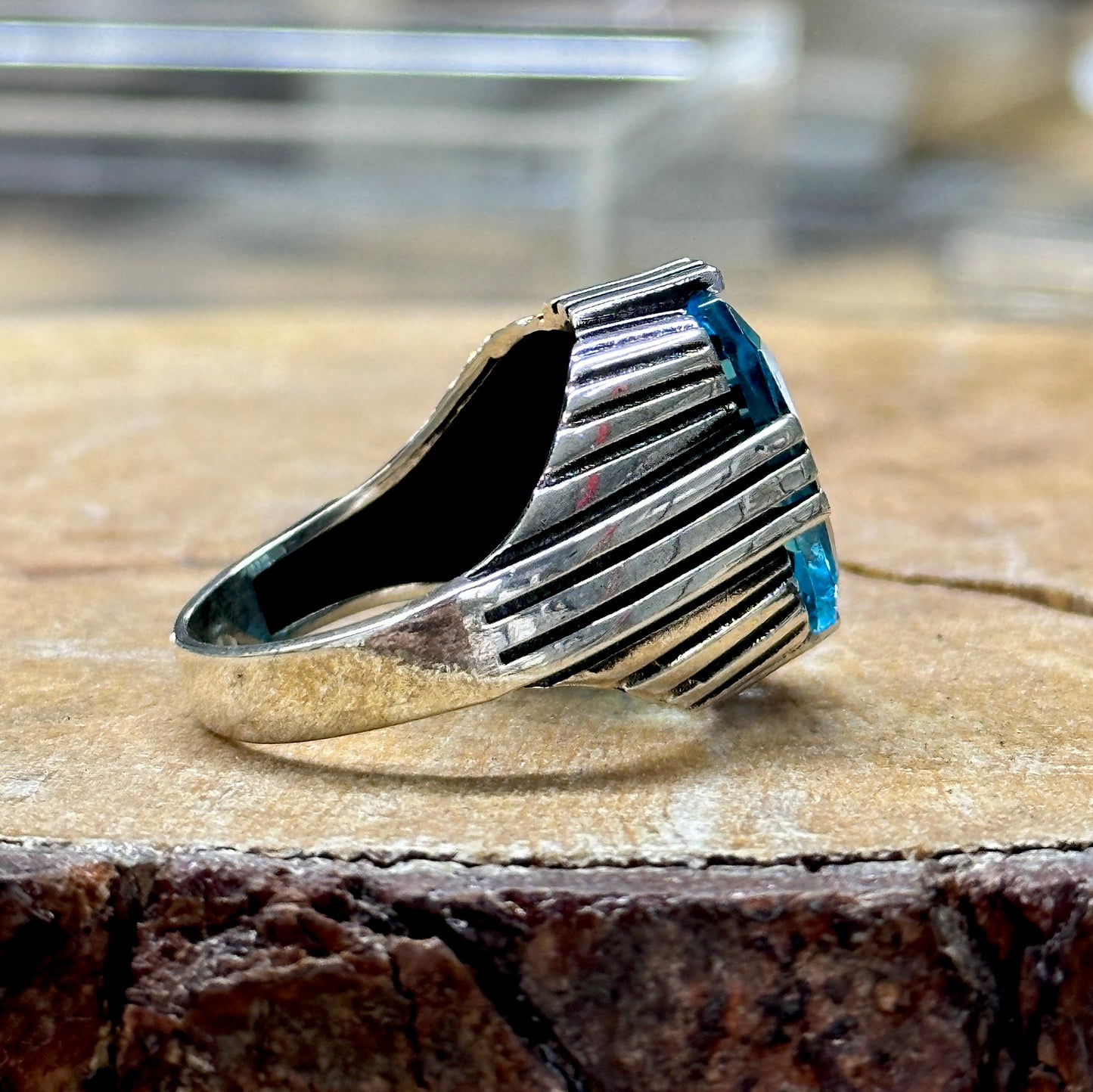 Men Handmade Square Aquamarine Gemstone Silver Ring