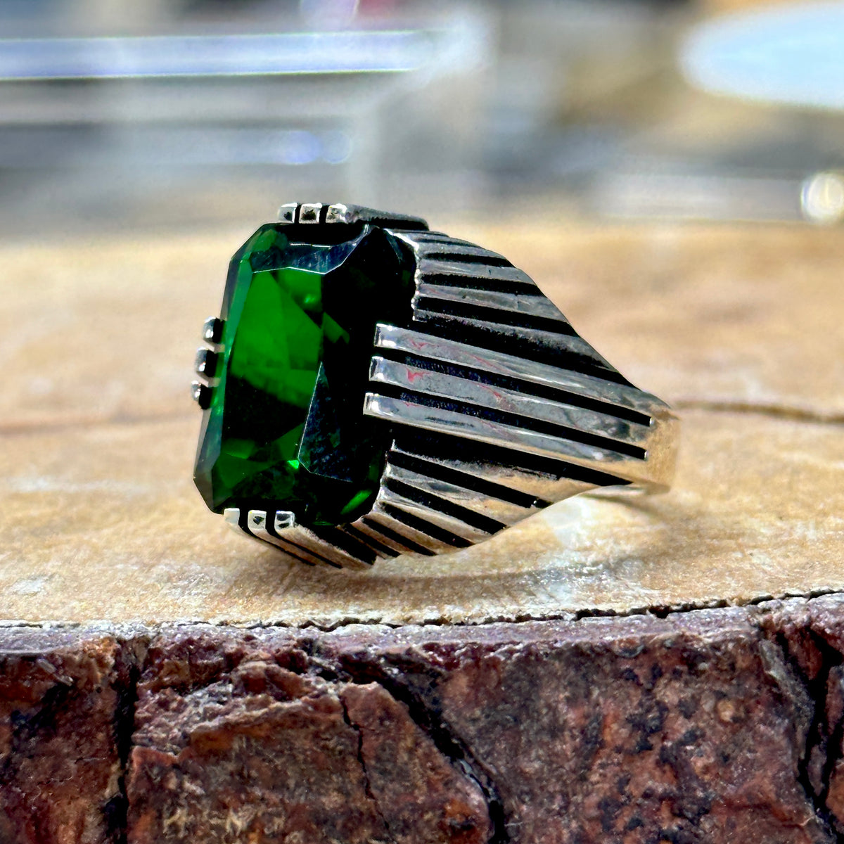 Men Handmade Square Emerald Gemstone Ring