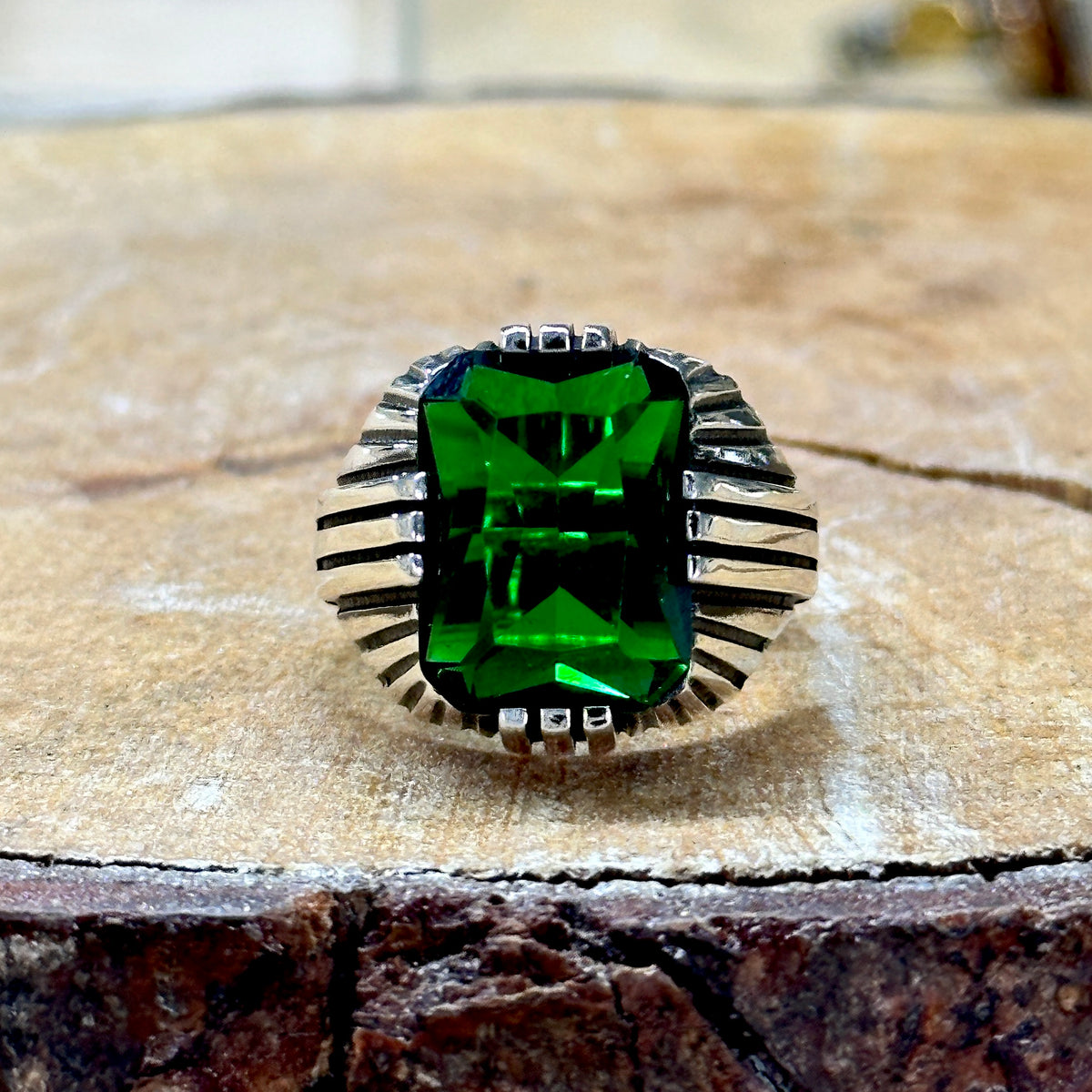 Men Handmade Square Emerald Gemstone Ring