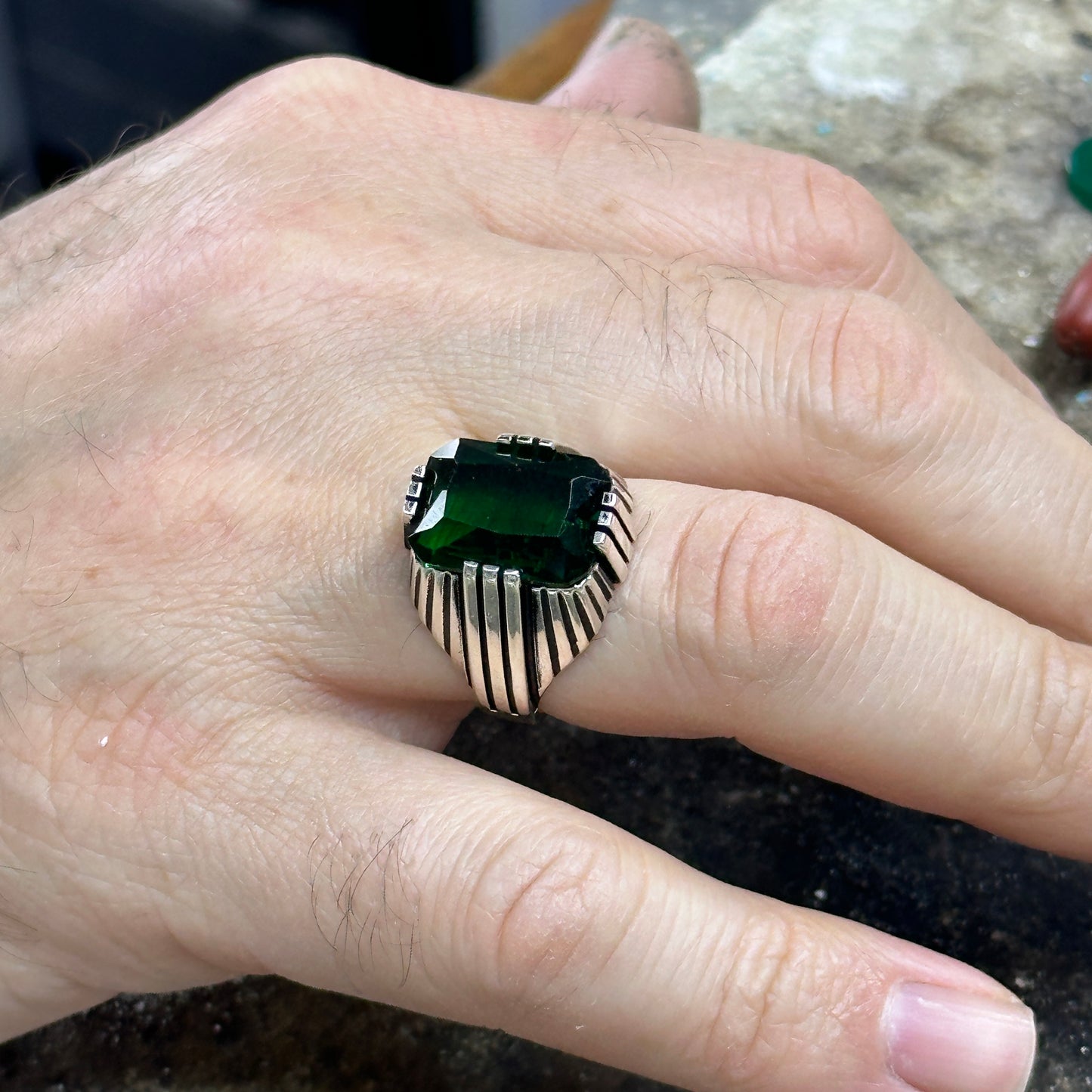 Men Handmade Square Emerald Gemstone Ring