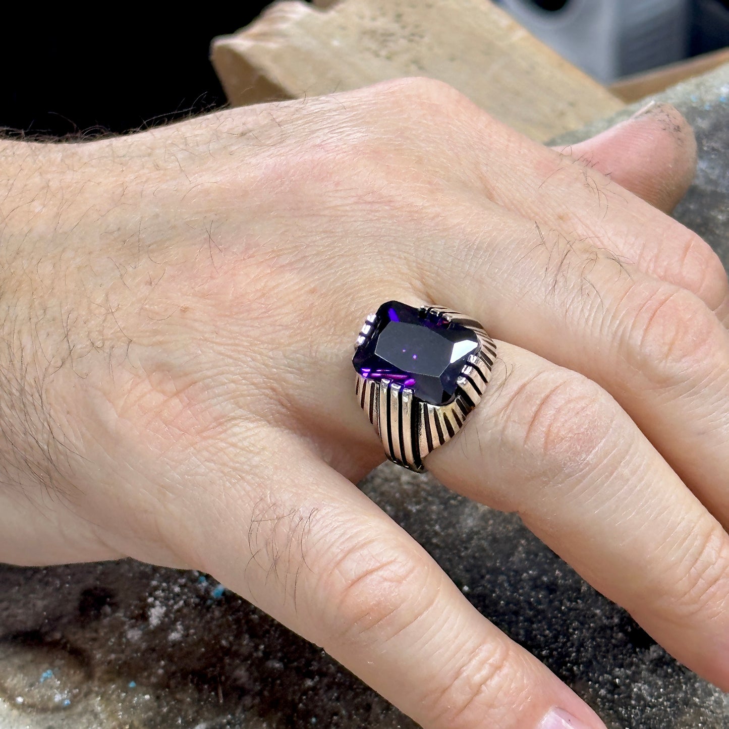 Men Handmade Square Zircon Sapphire Ring