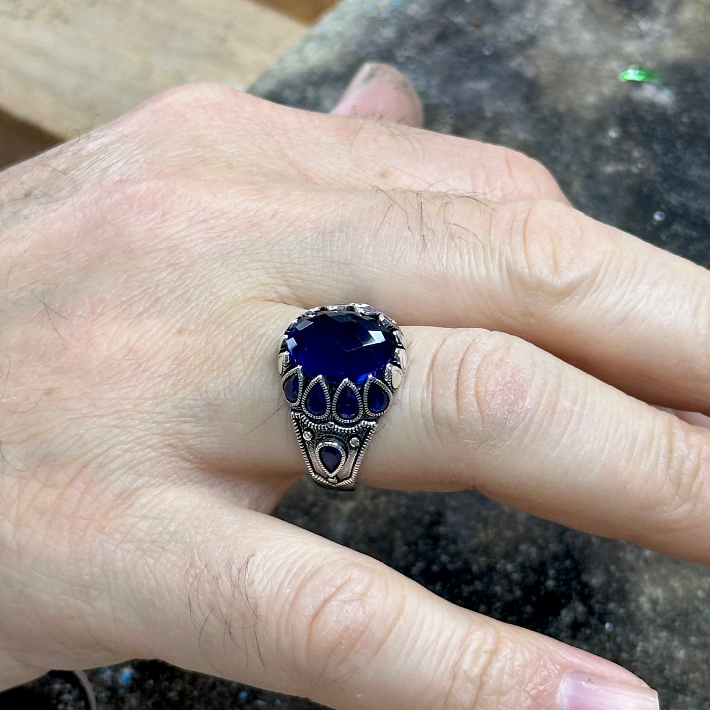 Men Handmade Minimal Ottoman Style Sapphire Stone Ring