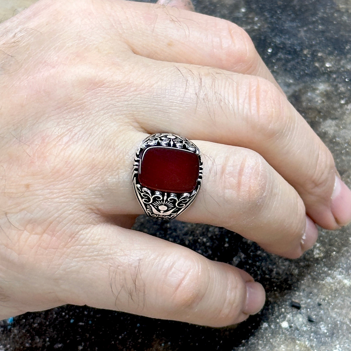 Men Handmade Natural Red Agate ( Aqeeq ) Gemstone Ring