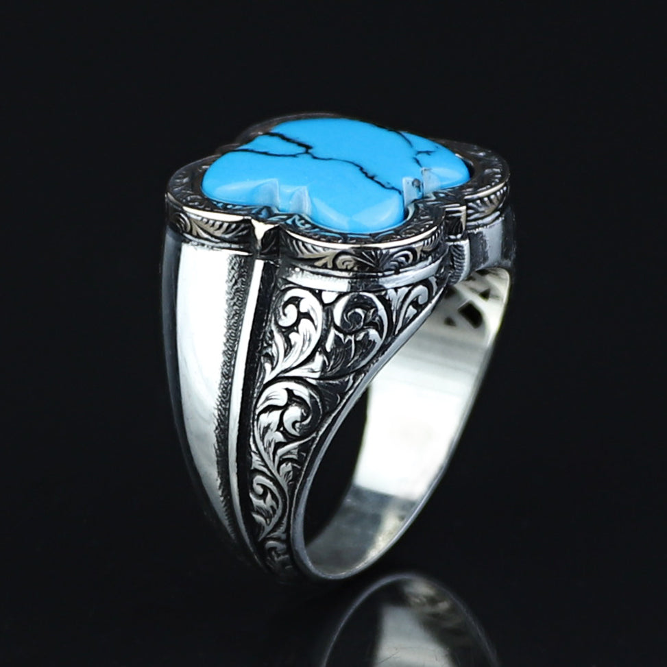 925 Silver Men Handmade Blue Turquoise Gemstone Ring