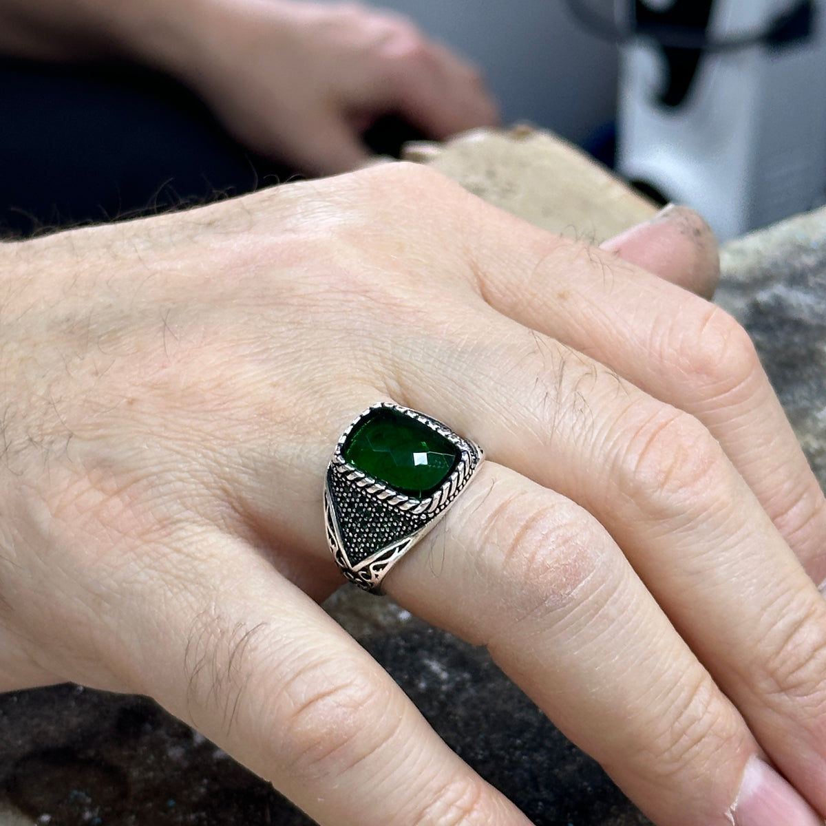 Men Handmade Micro Gemstone Emerald Stone Ring