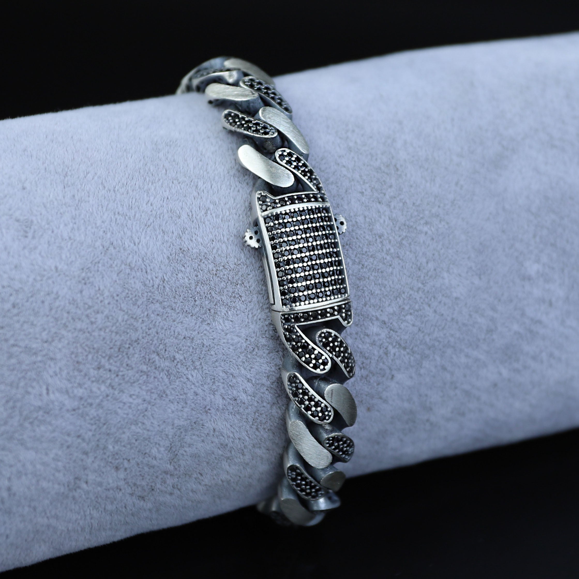 925 Sterling Silver 11mm Black CZ Cuban Bracelet for Men