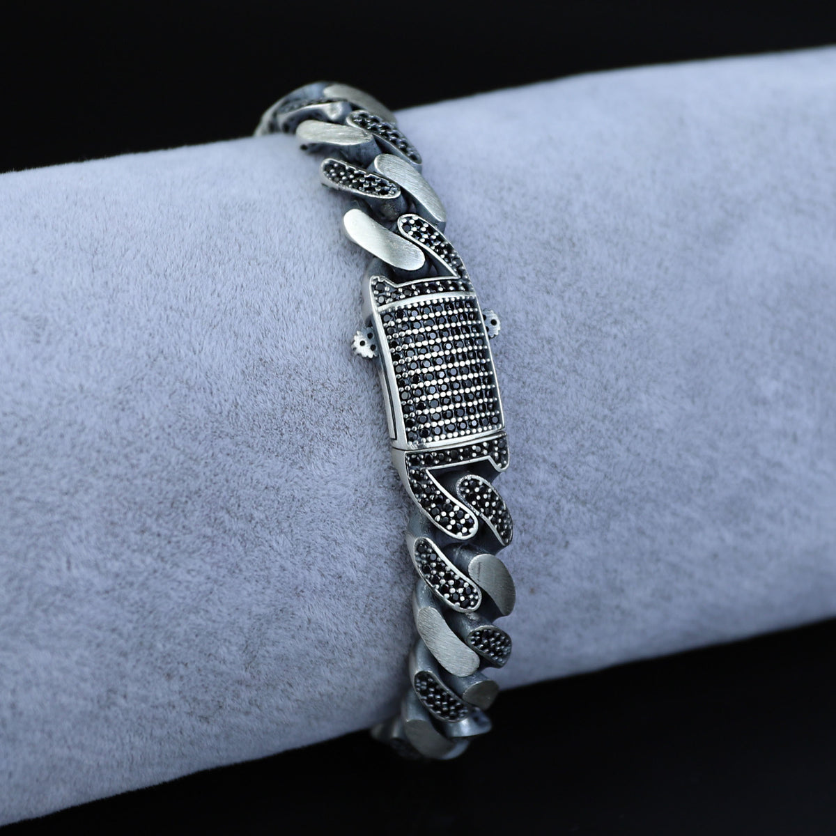 925 Sterling Silver 11mm Black CZ Cuban Bracelet for Men