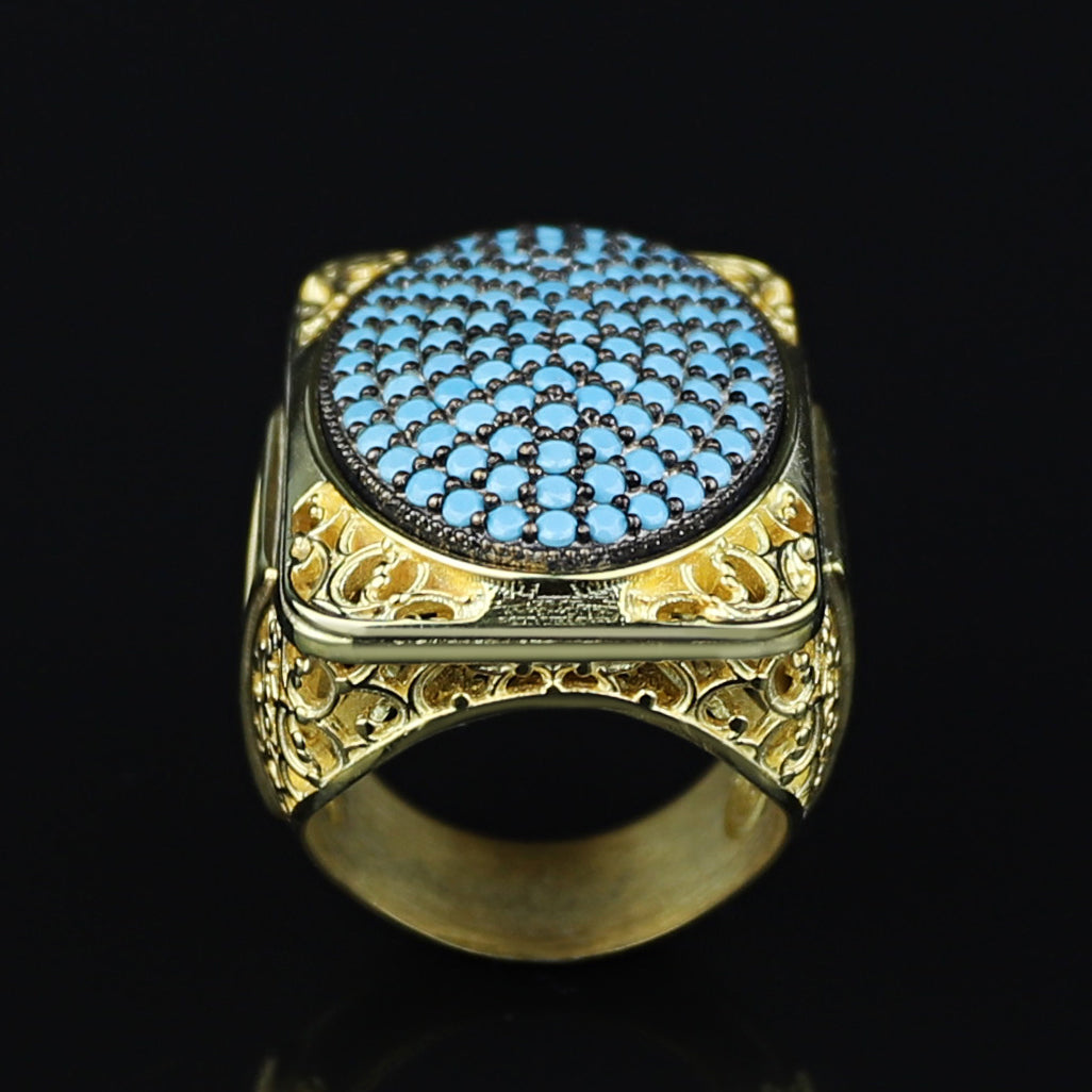 925 Silver Men Handmade Large Gold Turquoise Ring