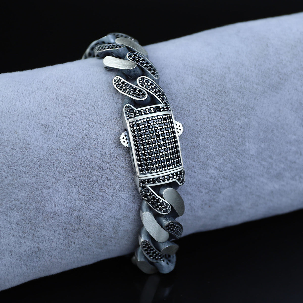 925 Sterling Silver 15mm Black Onyx Cuban Chain Bracelet for Men