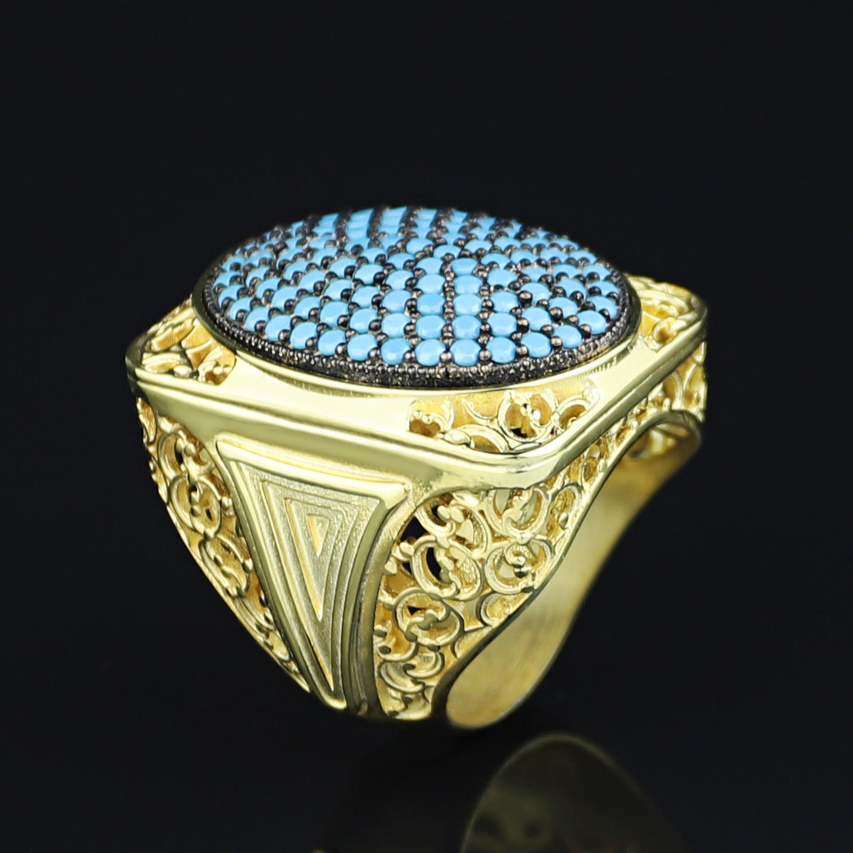 925 Silver Men Handmade Large Gold Turquoise Ring