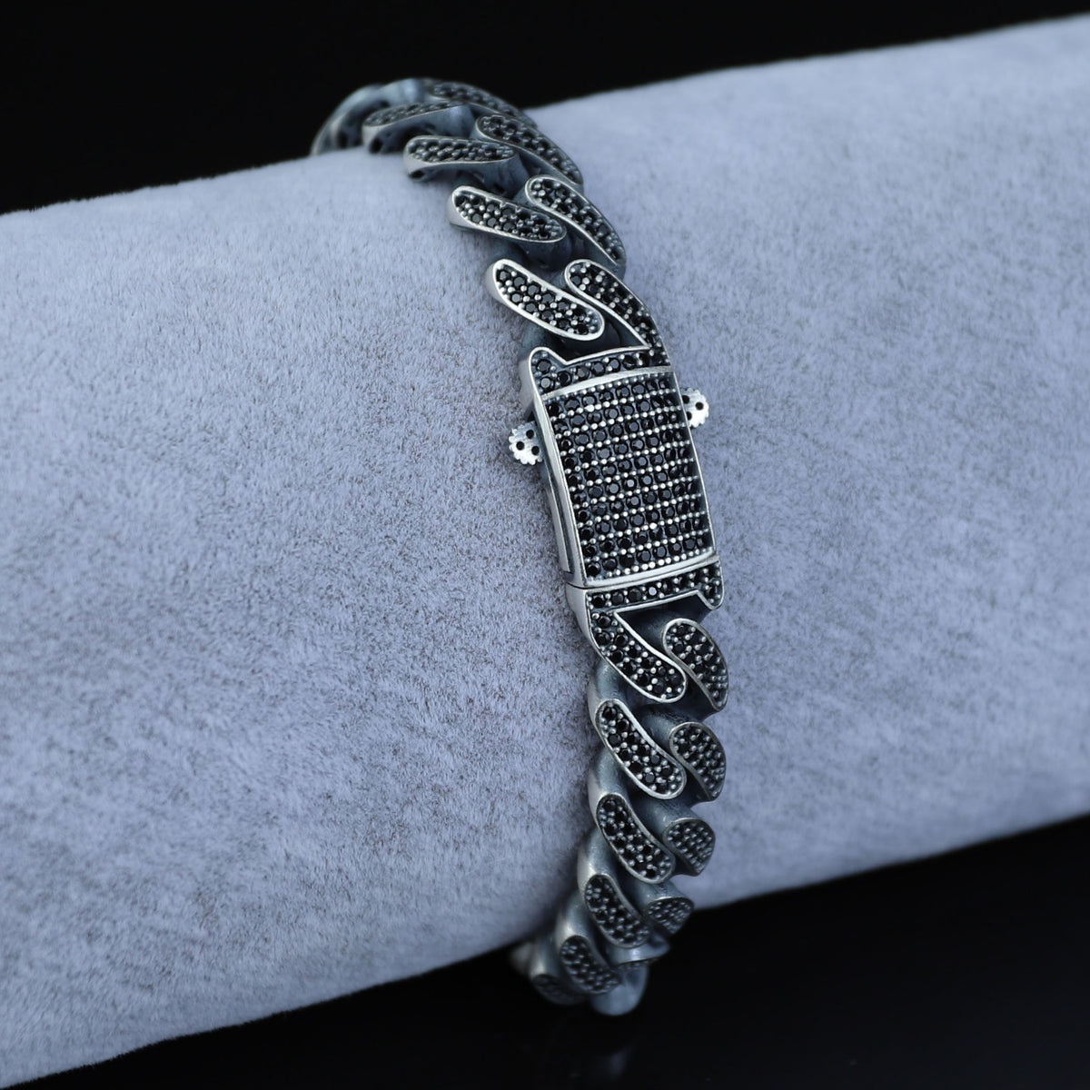 925 Sterling Silver 12mm Black CZ Cuban Chain Bracelet for Men