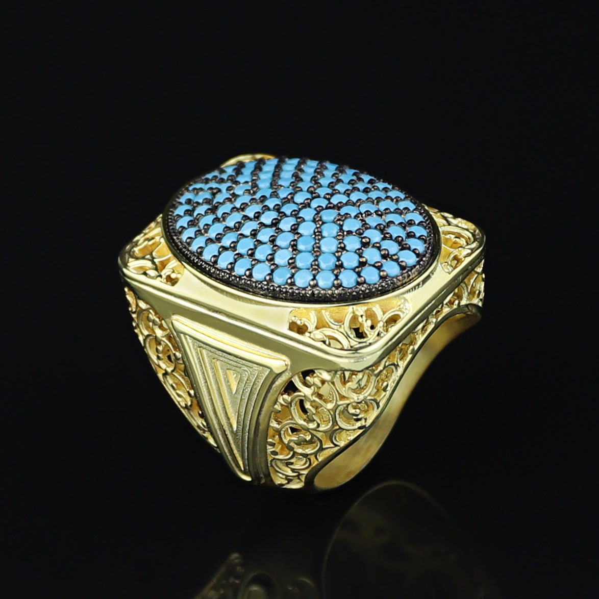 925 Silver Men Handmade Large Gold Turquoise Ring