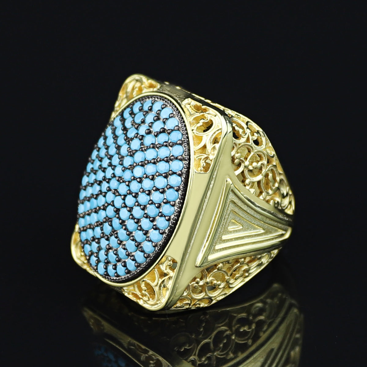 925 Silver Men Handmade Large Gold Turquoise Ring