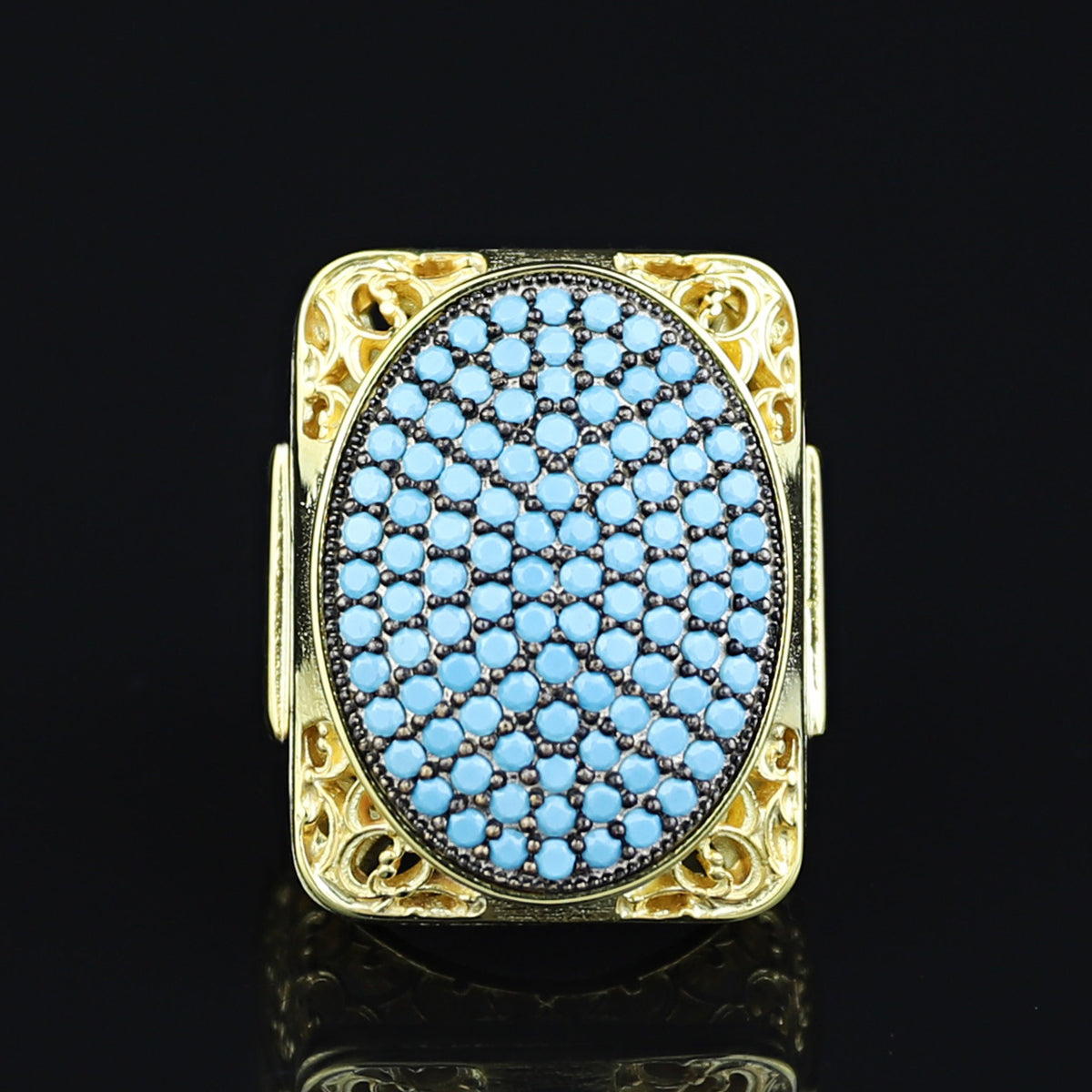 925 Silver Men Handmade Large Gold Turquoise Ring