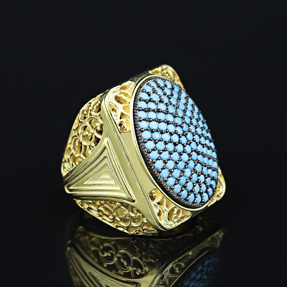 925 Silver Men Handmade Large Gold Turquoise Ring