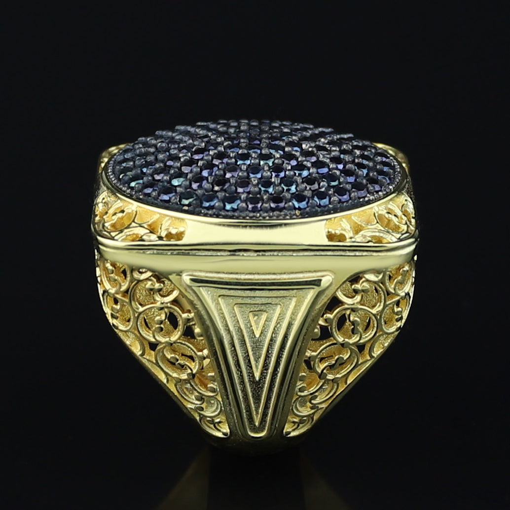 Men Handmade Silver Large Gold Onyx Gemstone Ring