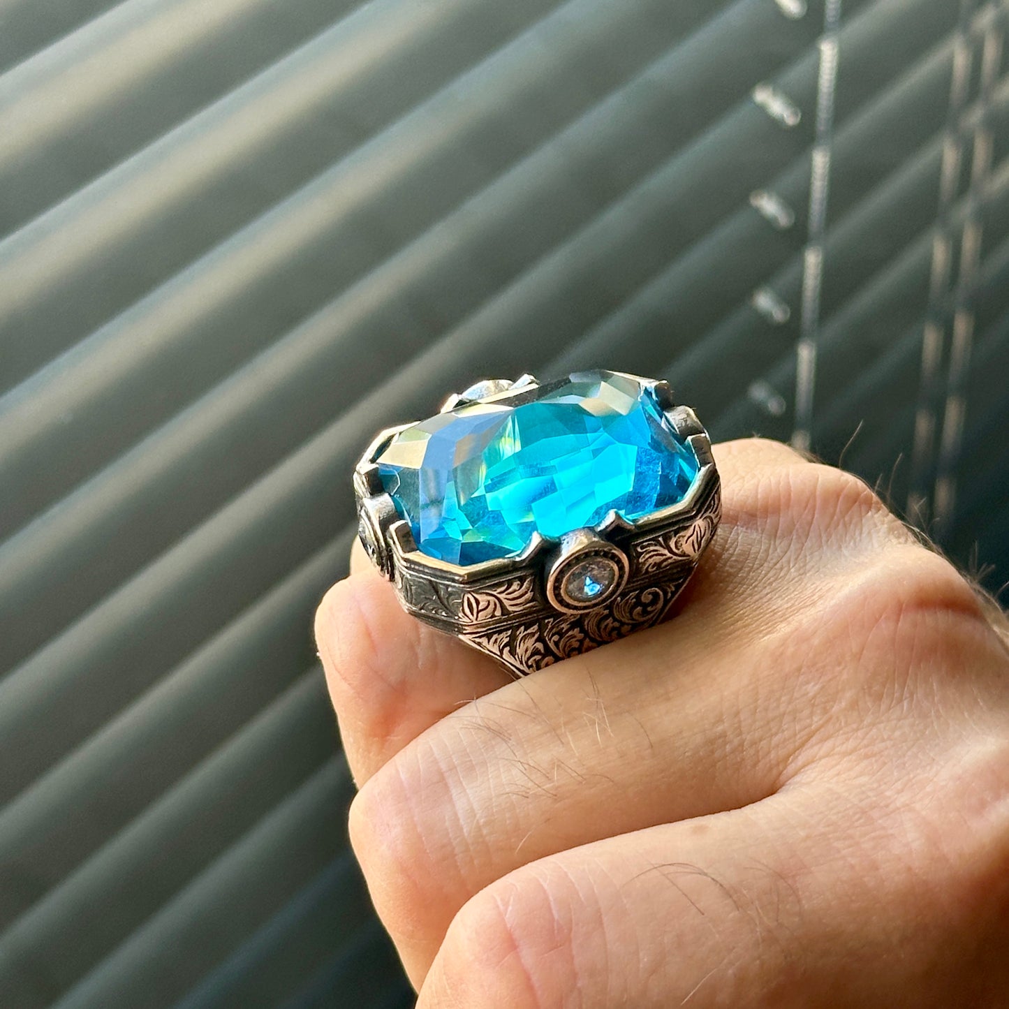 Men Silver Large Aquamarine Gemstone Handmade Men Ring