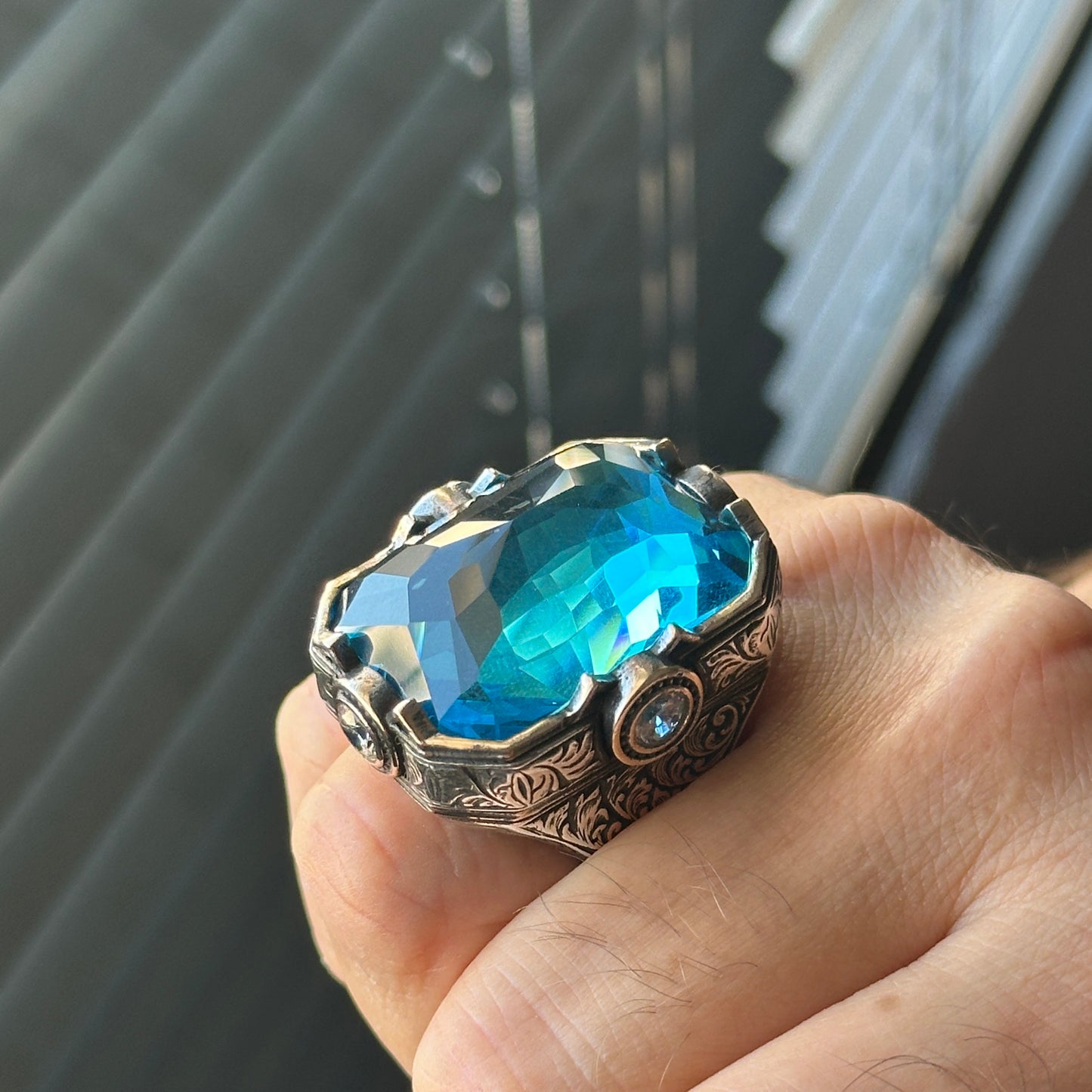 Men Silver Large Aquamarine Gemstone Handmade Men Ring