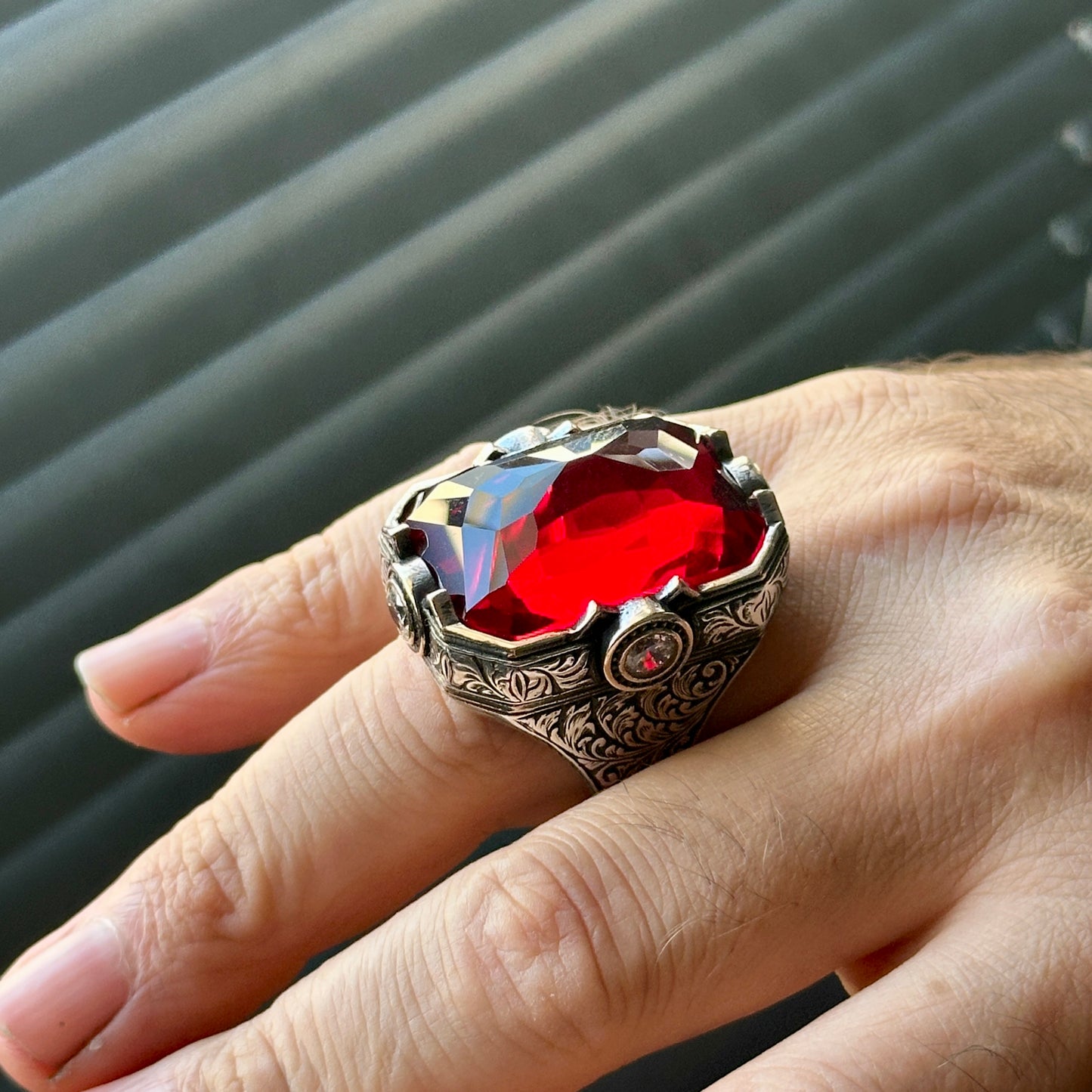 Men Silver Large Red Zircon Ruby Gemstone Large Ring