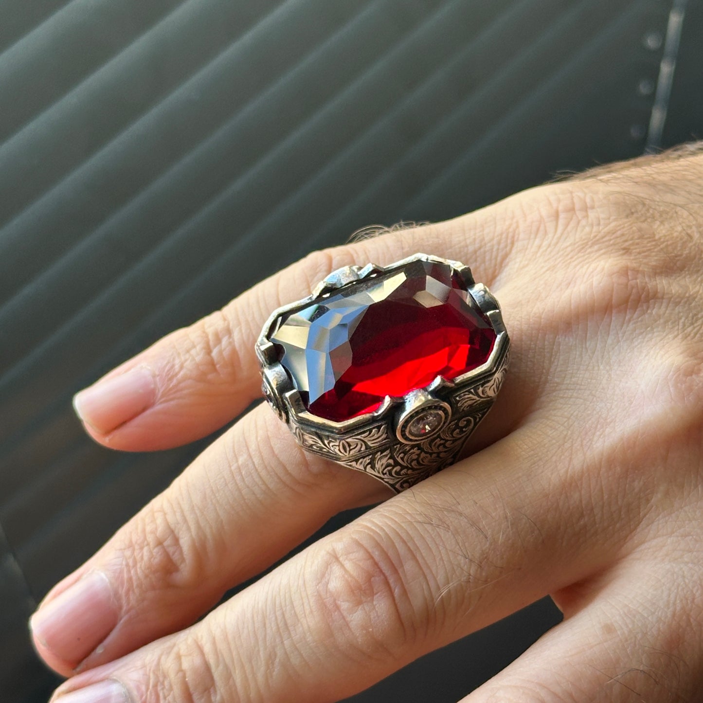 Men Silver Large Red Zircon Ruby Gemstone Large Ring