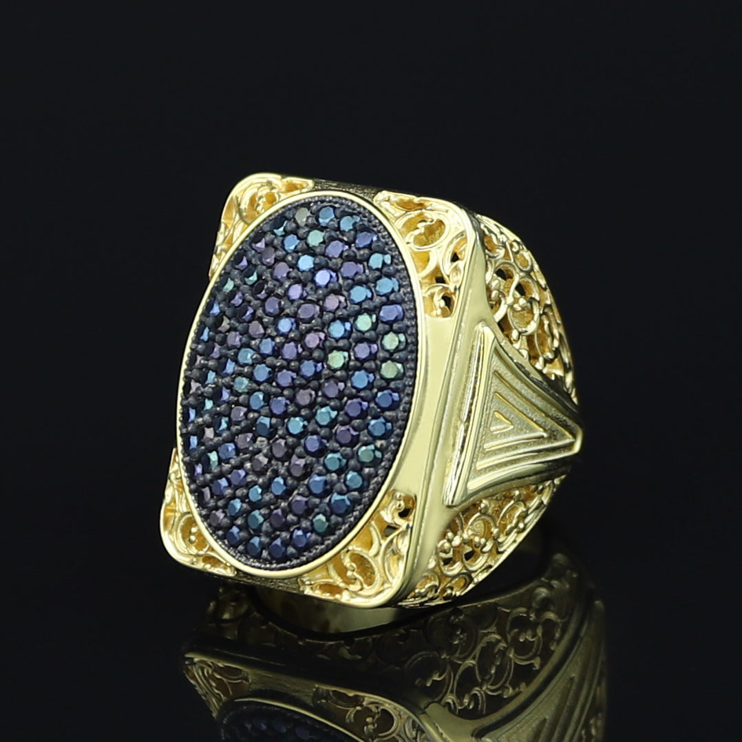 Men Handmade Silver Large Gold Onyx Gemstone Ring