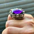 Men Silver Engraved Large Amethyst Gemstone Handmade Ring