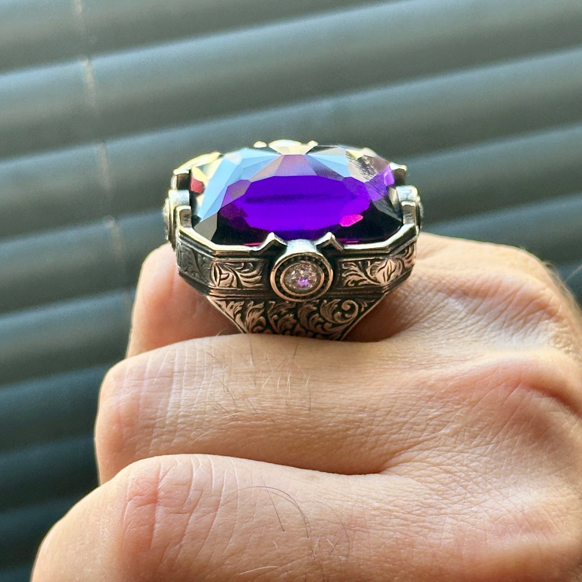 Men Silver Engraved Large Amethyst Gemstone Handmade Ring