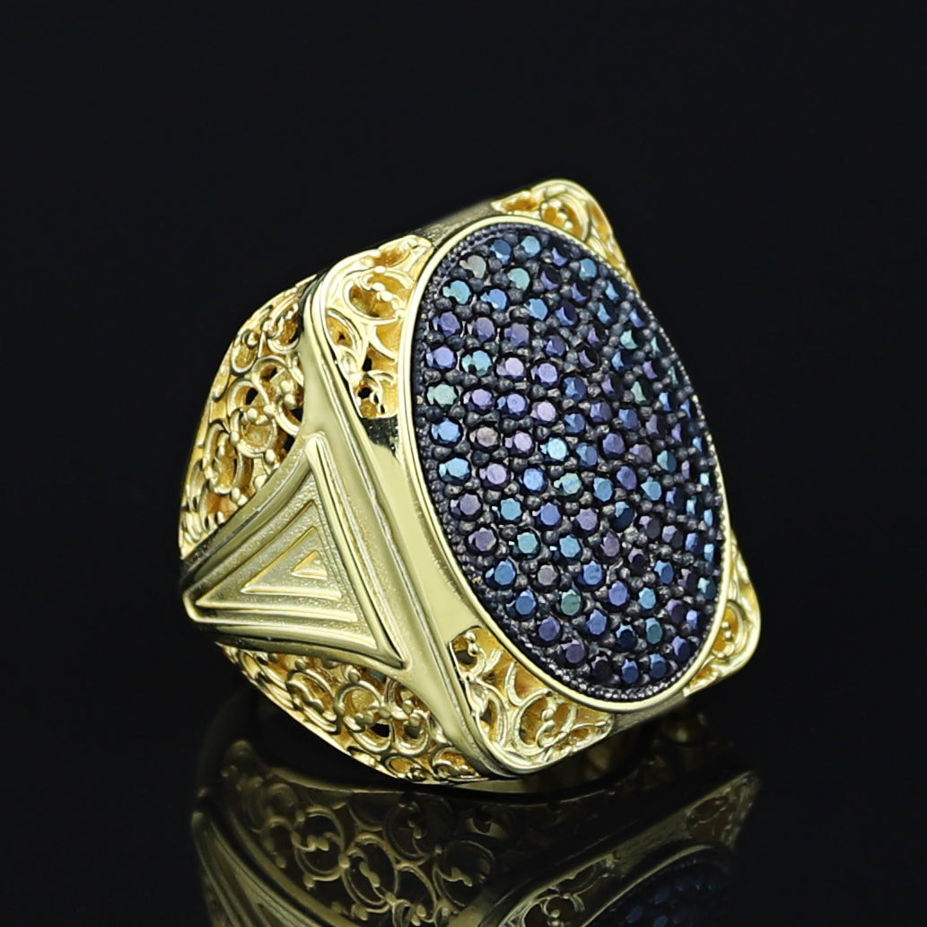 Men Handmade Silver Large Gold Onyx Gemstone Ring