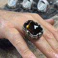 Men Silver Handmade Engraved Large Citrine Gemstone Ring