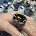 Men Silver Handmade Engraved Large Citrine Gemstone Ring