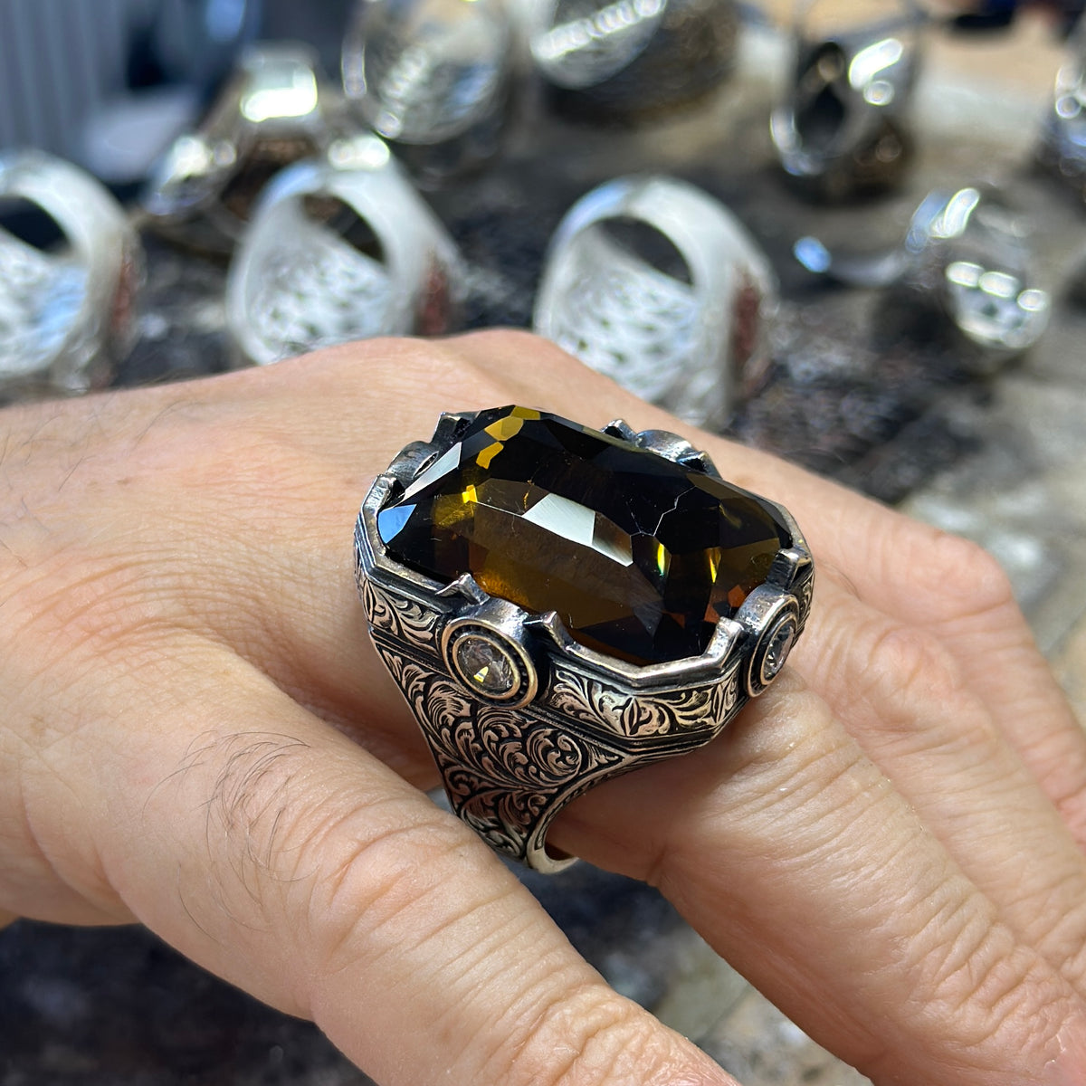 Men Silver Handmade Engraved Large Citrine Gemstone Ring