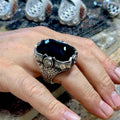 Men Silver Handmade Engraved Large Onyx Gemstone Ring