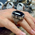 Men Silver Handmade Engraved Large Onyx Gemstone Ring