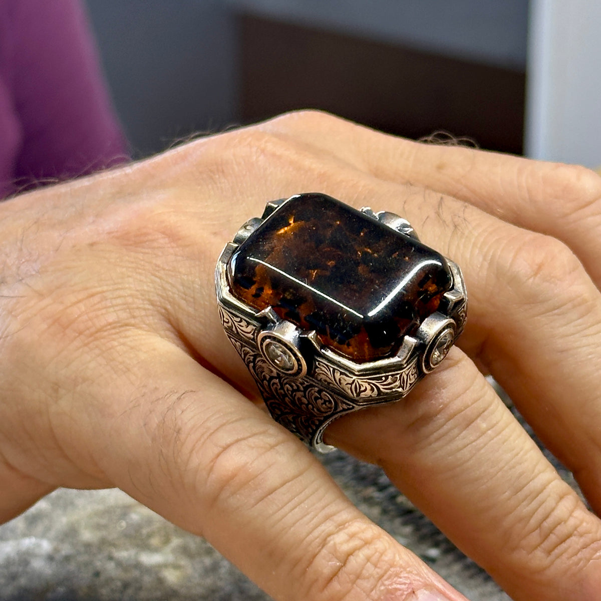 925 Men Silver Large Amber Gemstone Handmade Ring
