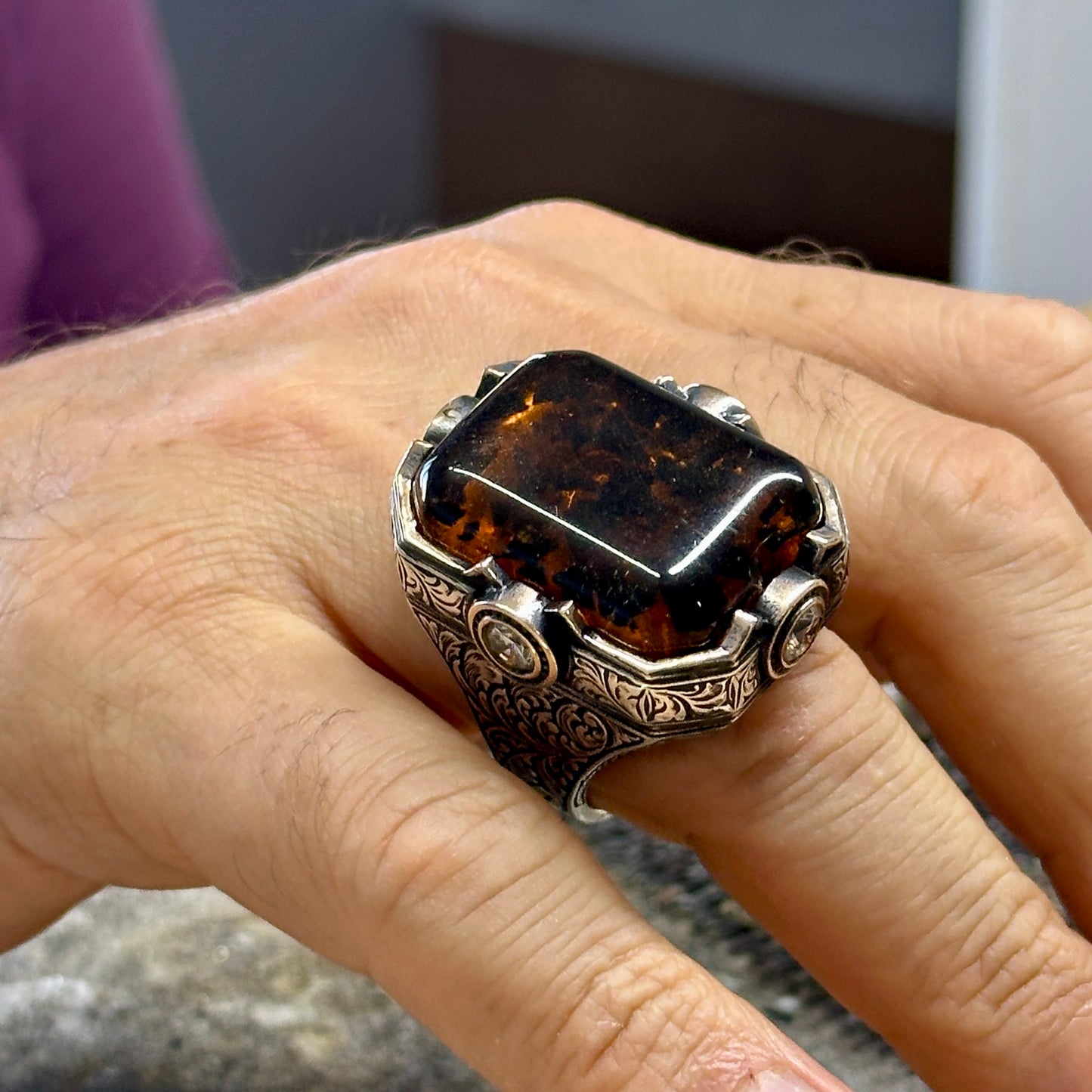 925 Men Silver Large Amber Gemstone Handmade Ring