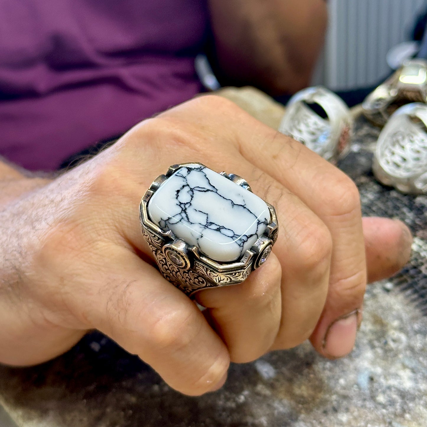 Men Silver Large White Turquoise Gemstone Ring