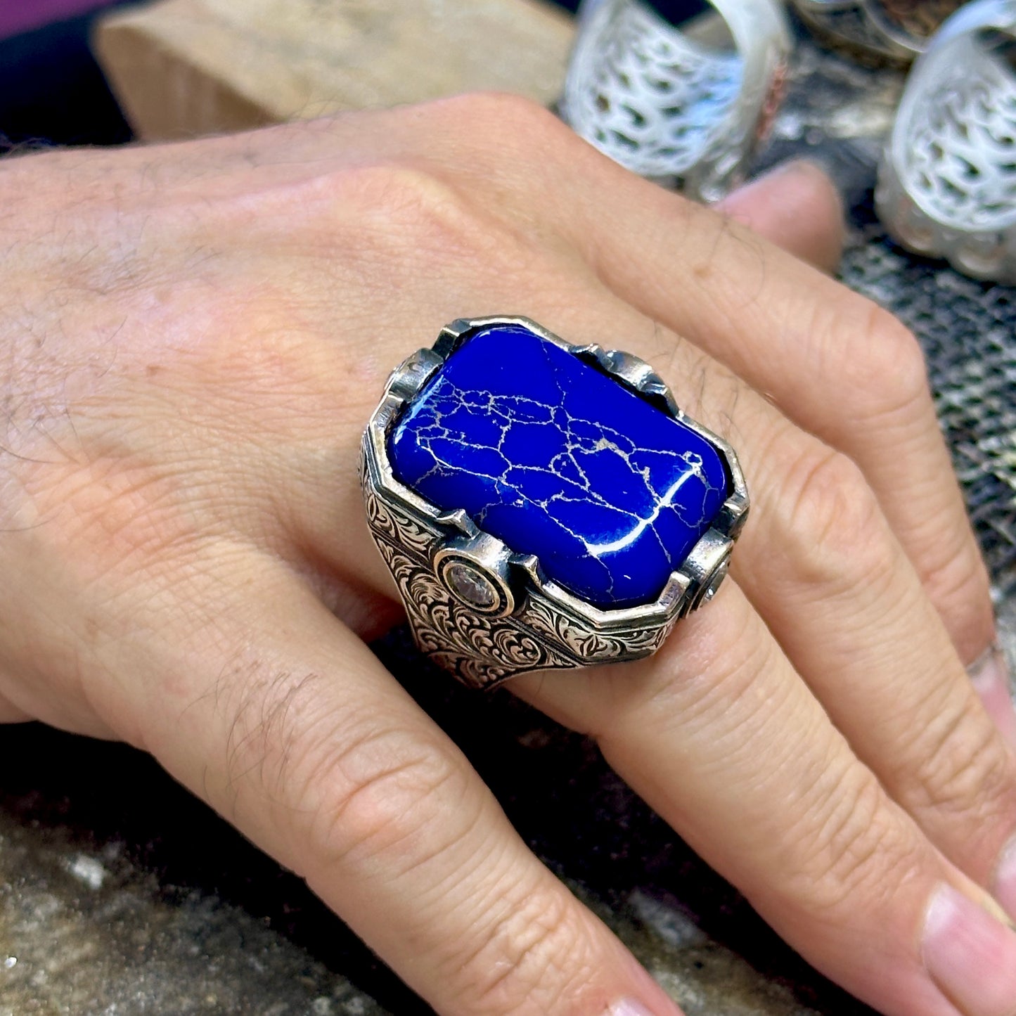 Men Silver Engraved Large Natural Lapis Lazuli Ring