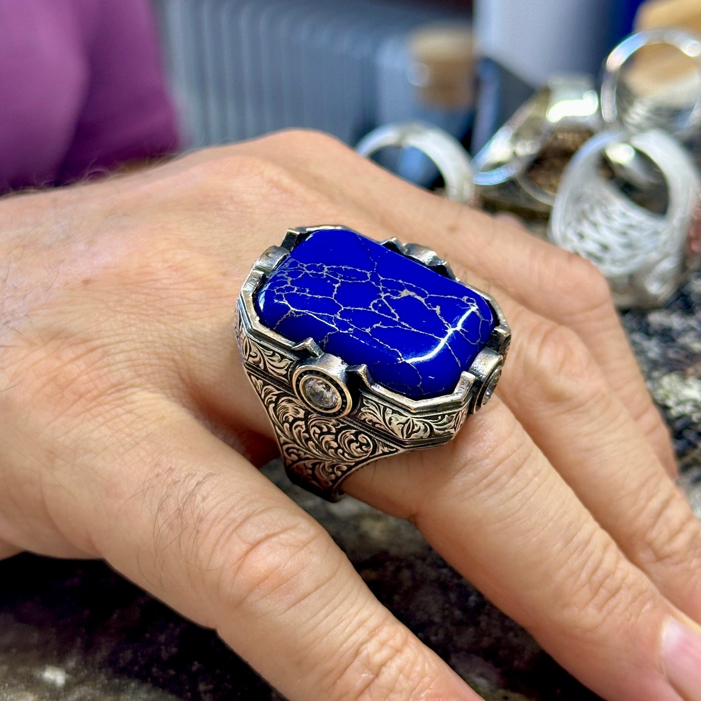 Men Silver Engraved Large Natural Lapis Lazuli Ring