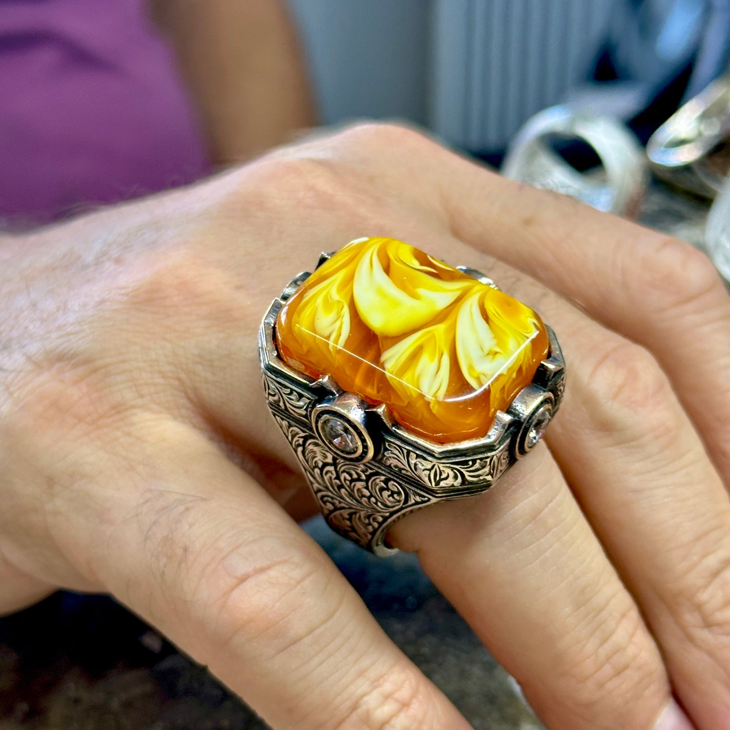 Men Silver Large Handmade Amber Gemstone Ring