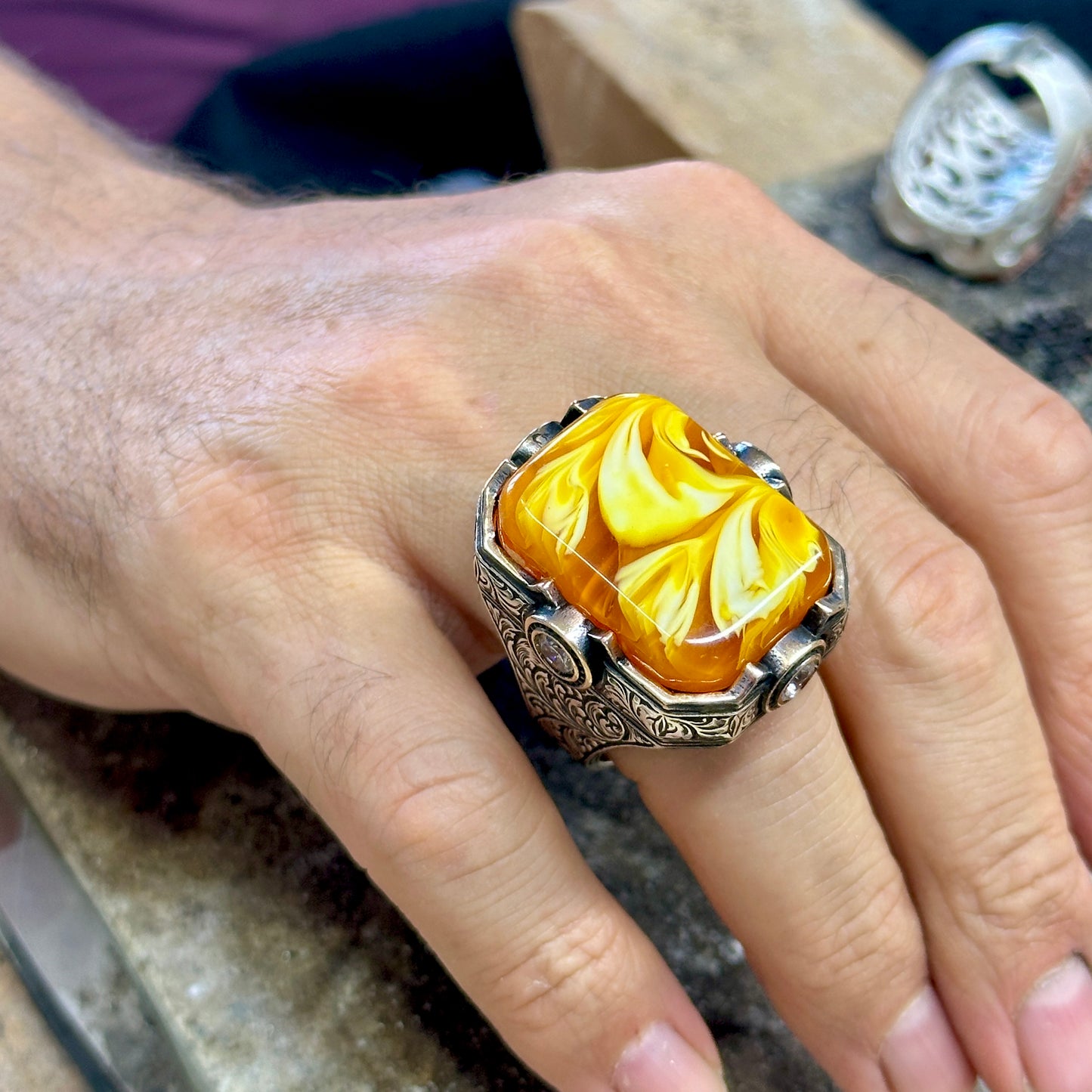 Men Silver Large Handmade Amber Gemstone Ring