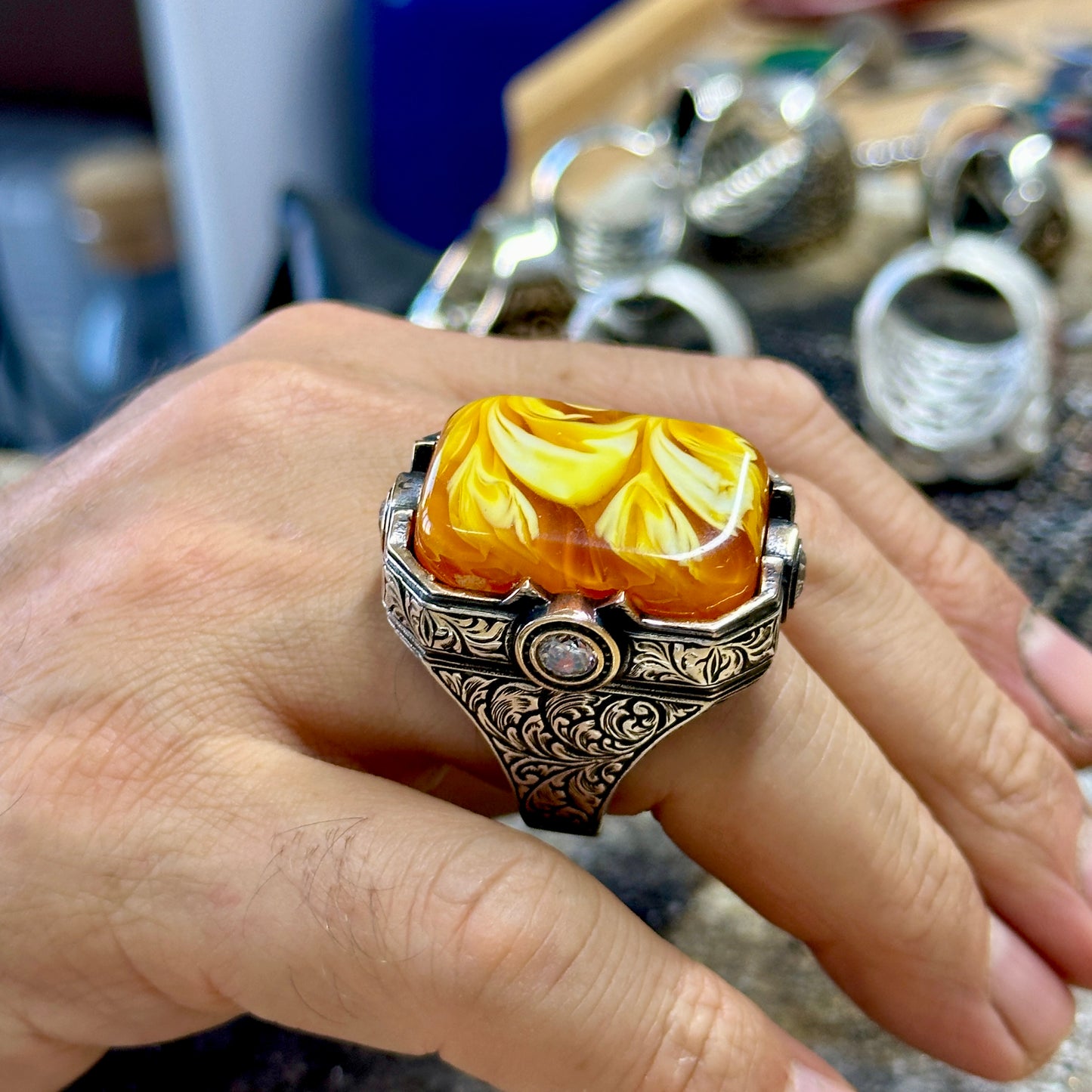 Men Silver Large Handmade Amber Gemstone Ring