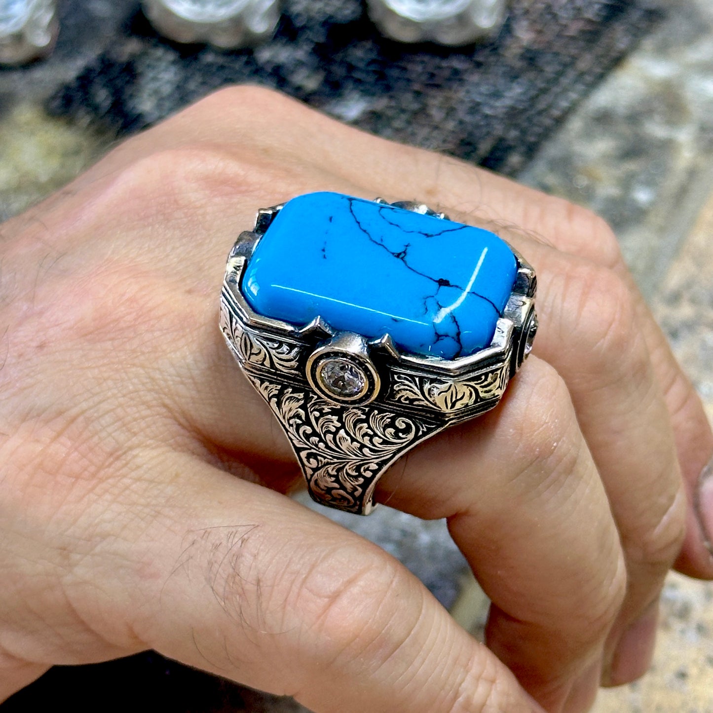 Men Handmade Large Blue Turquoise Gemstone Engraved Ring