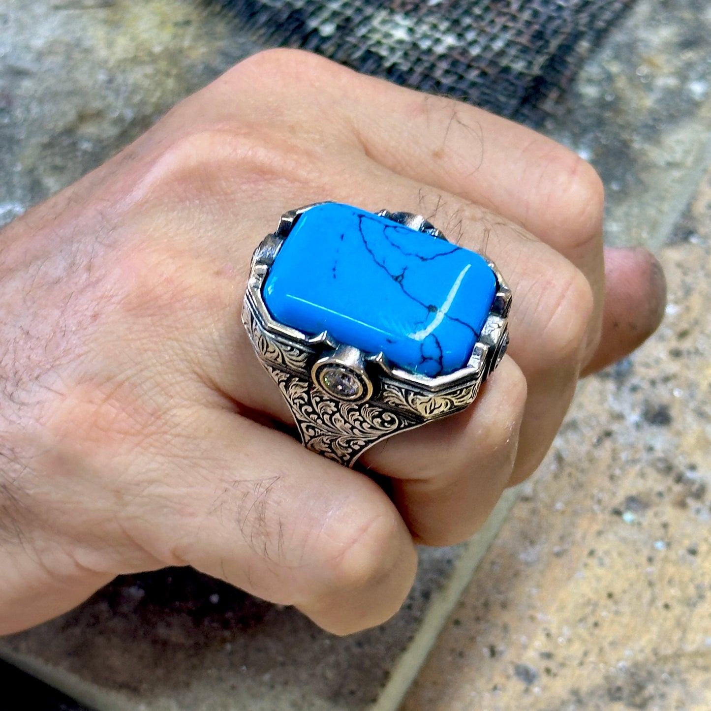 Men Handmade Large Blue Turquoise Gemstone Engraved Ring