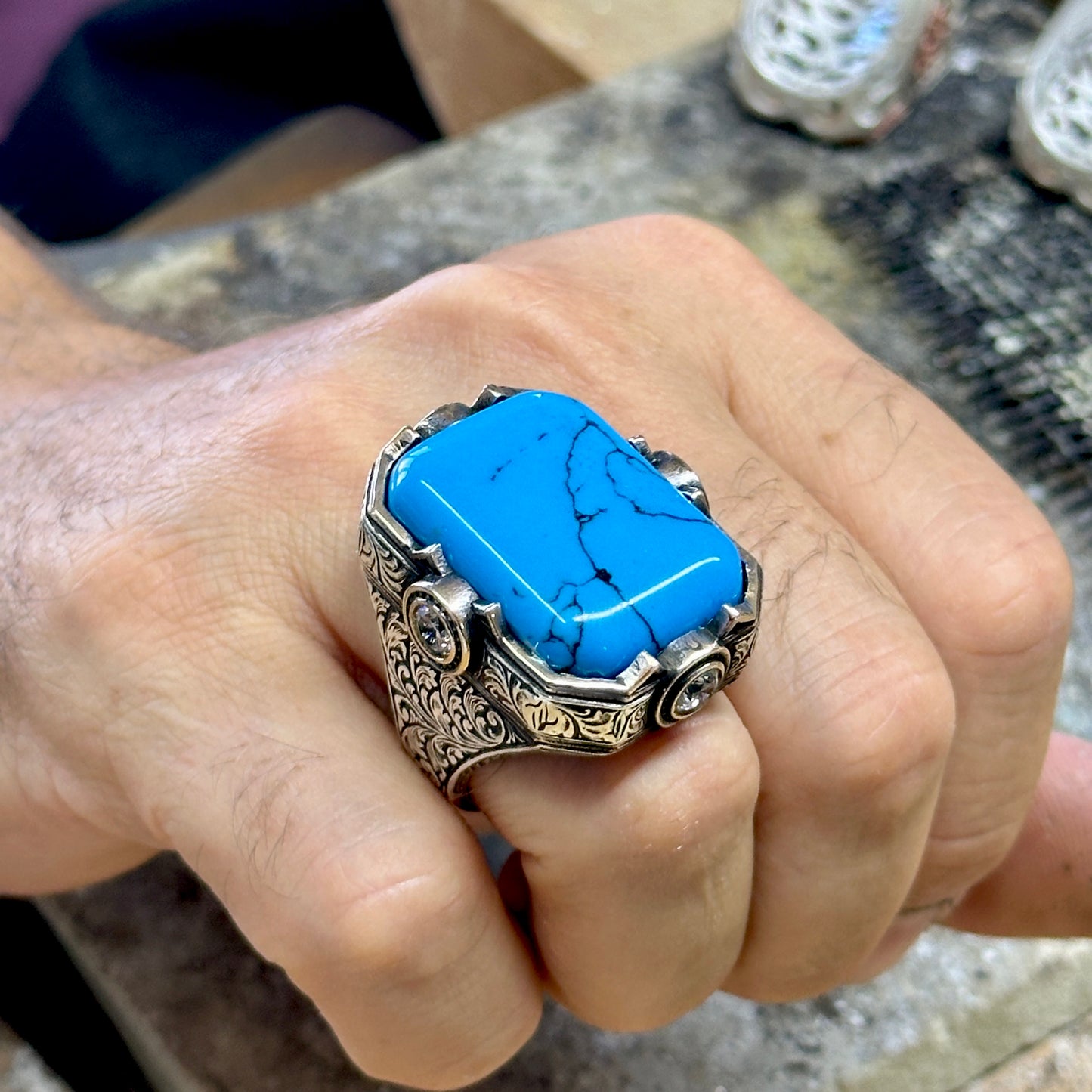 Men Handmade Large Blue Turquoise Gemstone Engraved Ring